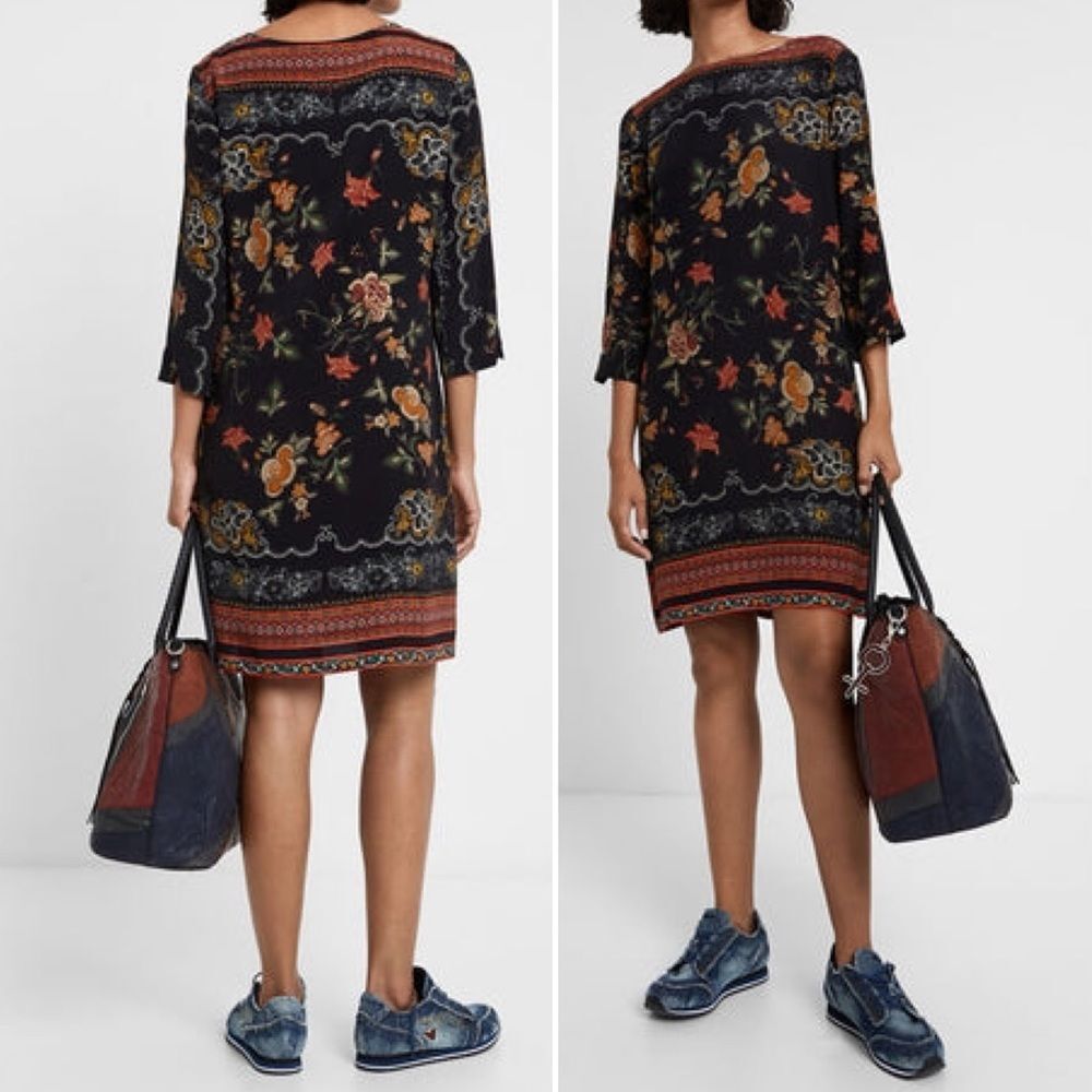 NWT Desigual Boho Floral Straight Dress Black Orange Yellow Size 38 EU| 4 US NEW